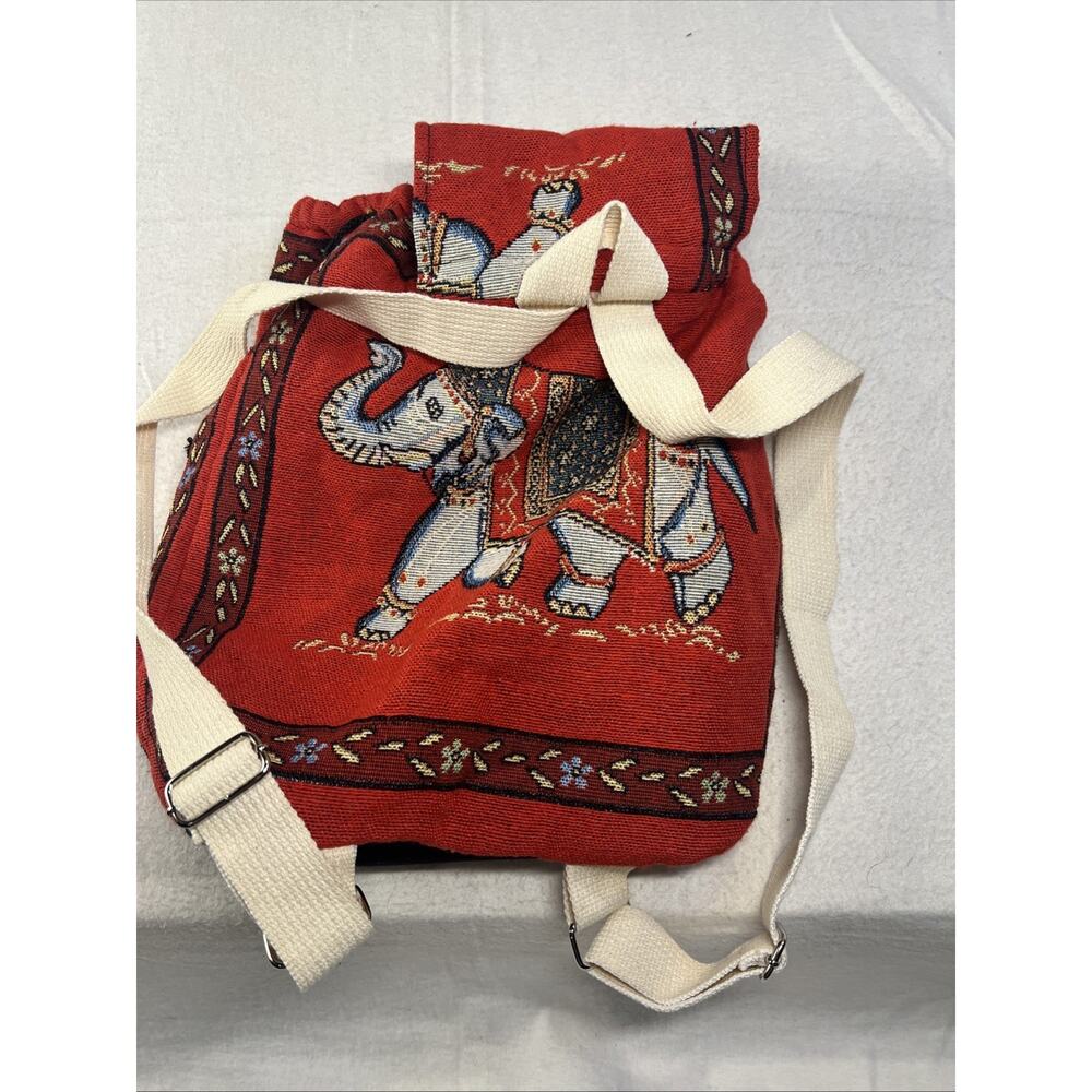 Canvas Backpack Elephant Pattern Adjustable Straps‎ Handmade Drawstrings, Red - Picture 5 of 9